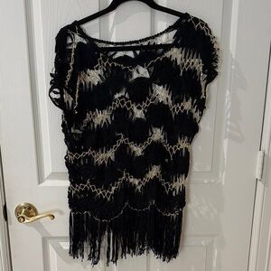 Black and Cream Crochet Fringe Top metallic one size
